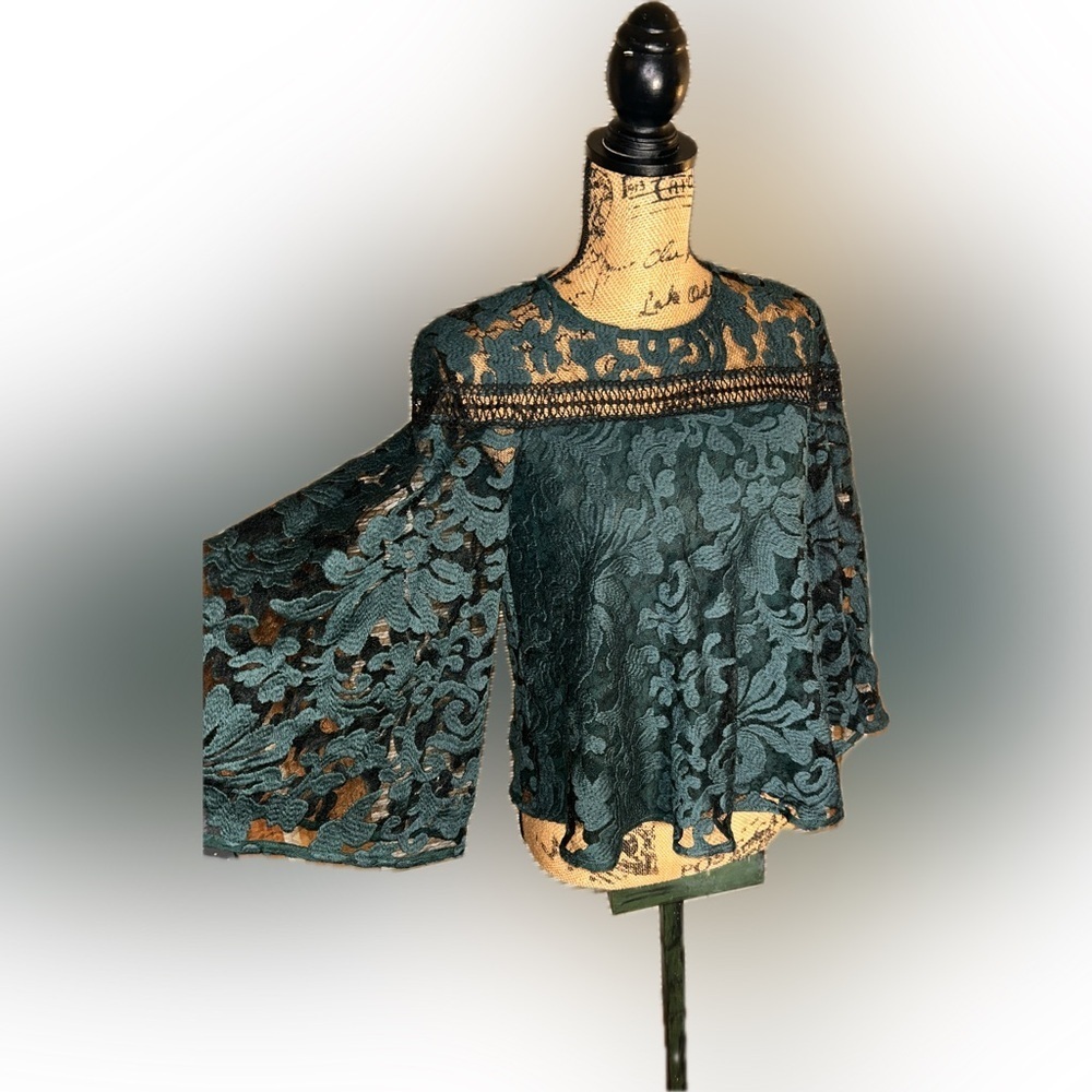 Prose & Poetry Anthropologie Whimsigoth Green Lace Bell Sleeve Sheer Moody XS - Picture 2 of 10